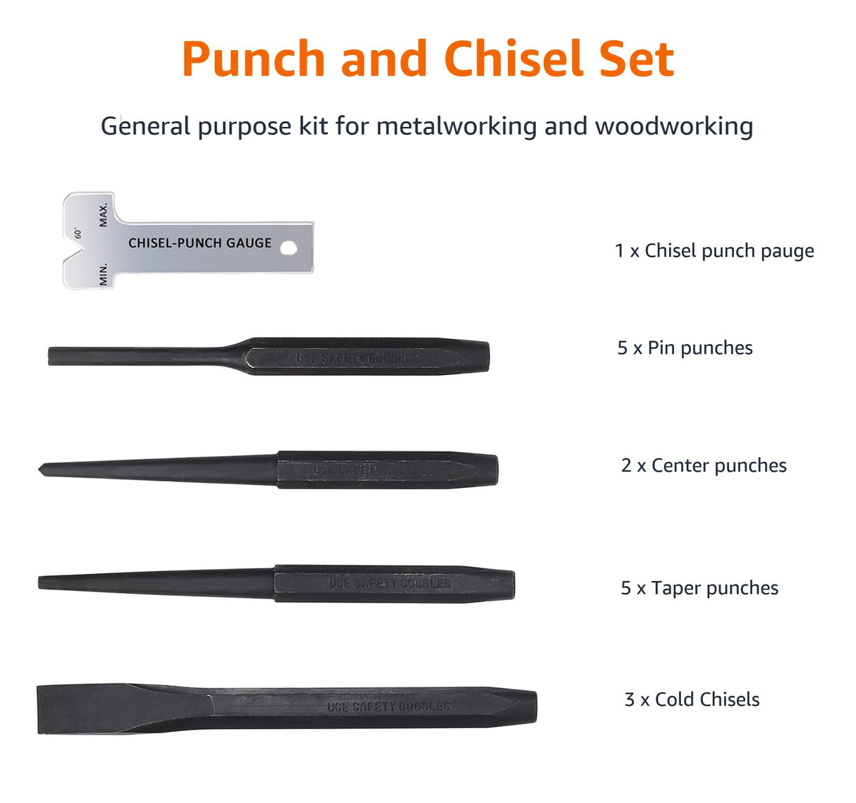 Amazon Basics 16-Piece Chrome Vanadium Steel Punch and Chisel Set with Storage Pouch, Cold Chisel, Pin Punch, Center Punch