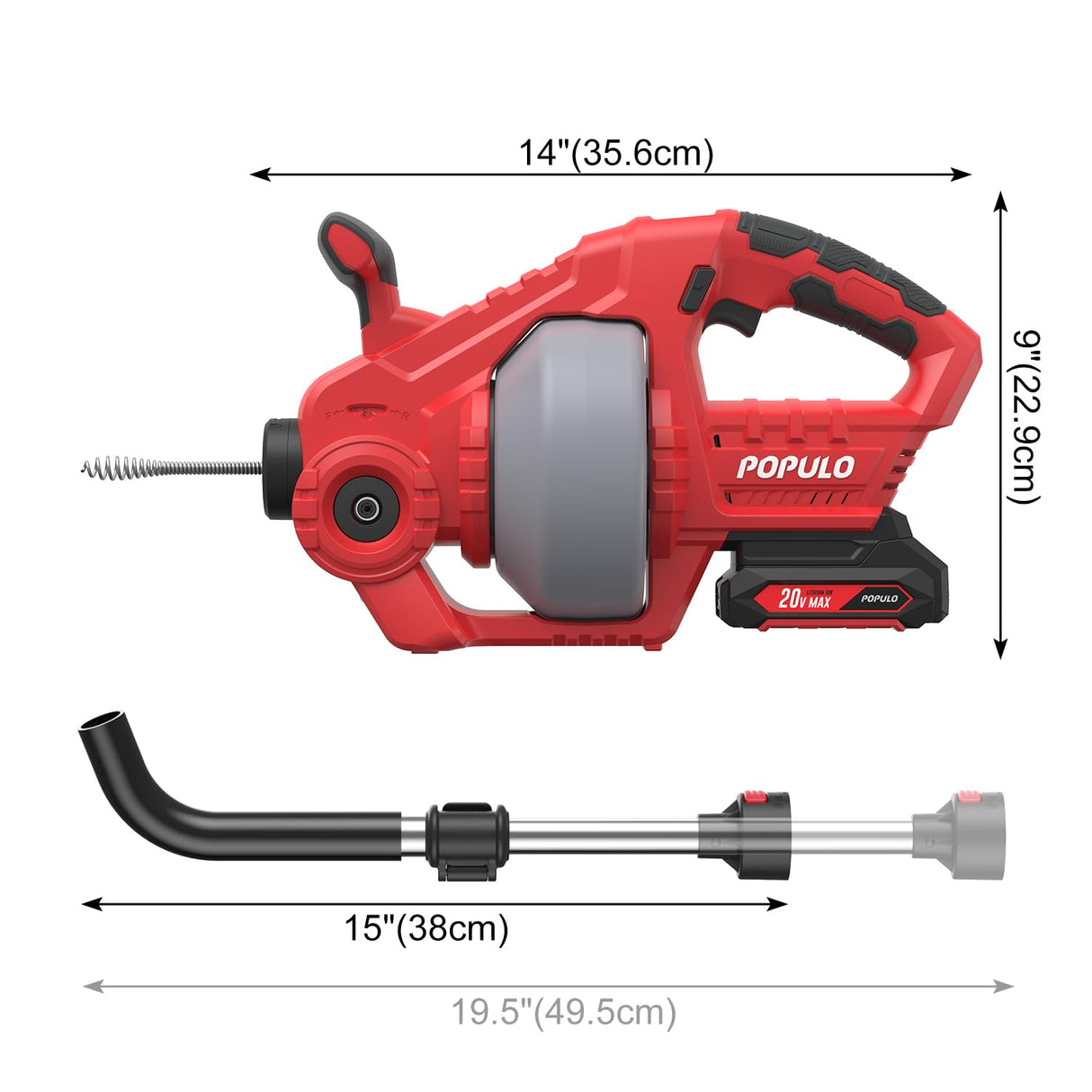 POPULO 20V Cordless Electric Drain Snake, 25Ft Replaceable Cable with 2.0Ah Battery, Extension Tube & Charger, Snake Drain Clog Remover Tool for Toilet, Floor Drain, Sink and Shower 3/4"-2" Pipe