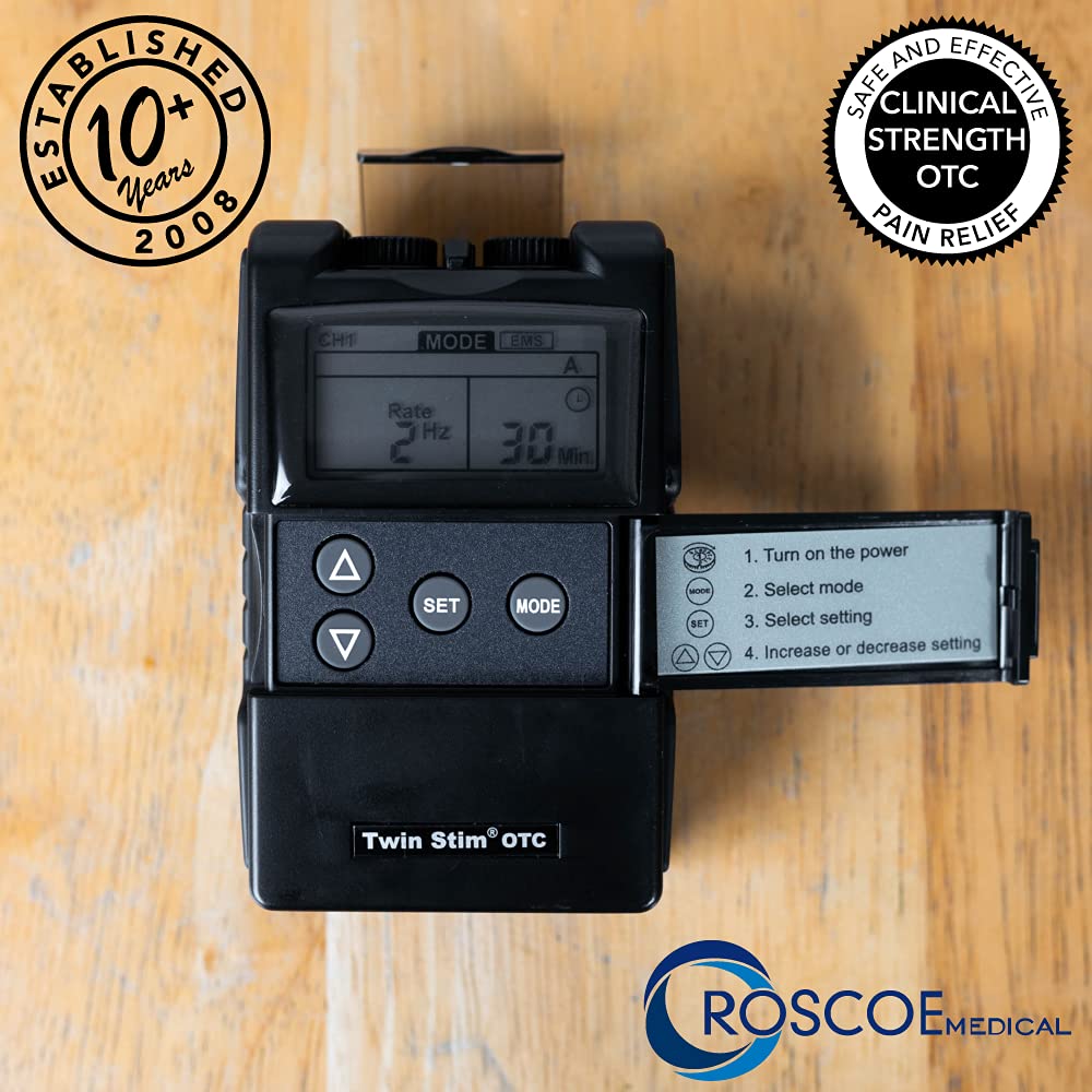 Roscoe Medical TENS Unit and EMS Muscle Stimulator, Twin Stim - OTC TENS Machine for Back Pain Relief, Lower Back Pain Relief, Neck Pain, or Sciatica Pain Relief, Clinical Strength Stim Machine