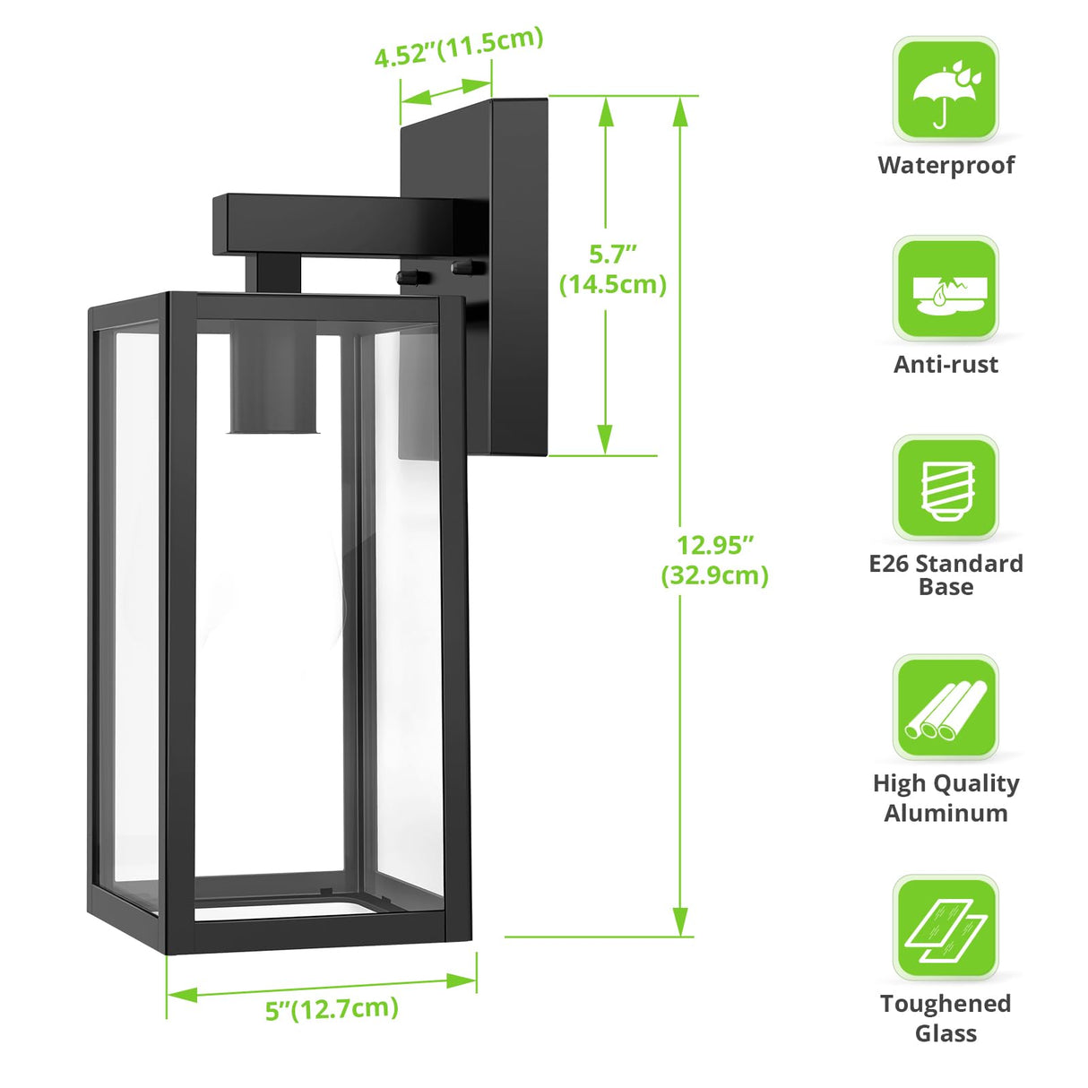 MAXvolador Outdoor Wall Sconce, Exterior Waterproof Wall Lantern Light Fixtures, Black Porch Lights with Toughened Glass Shade, Anti-Rust E26 Socket Front Door Mount Lighting, 2 Pack