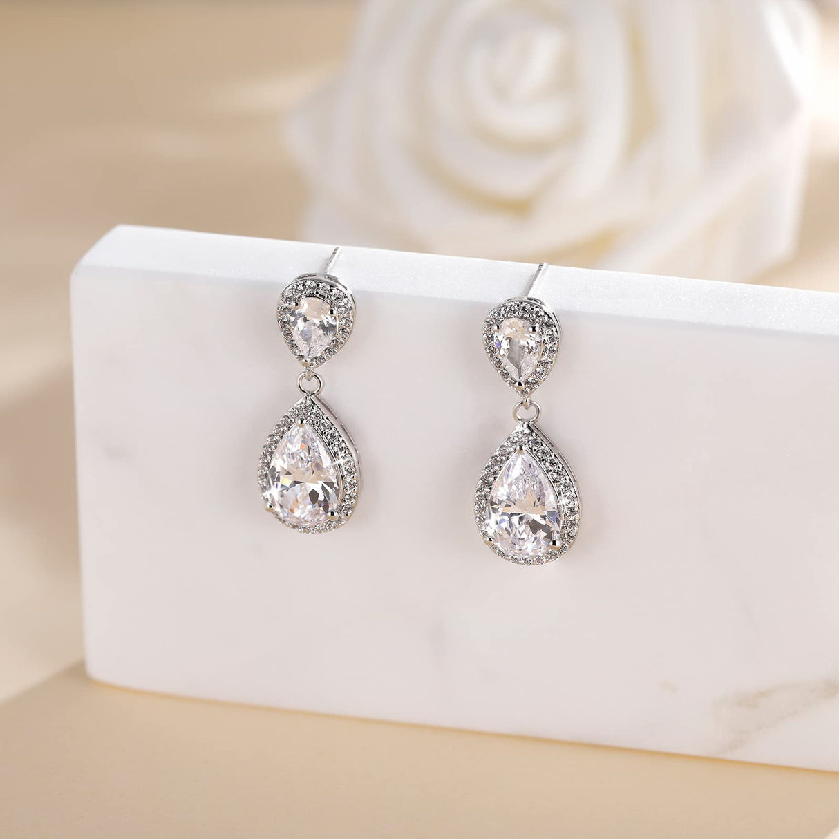 EAMTI Silver Dangle Earrings for Women Cubic Zirconia Teardrop Bridal Wedding Earrings 925 Sterling Silver Post Rhinestone Earring