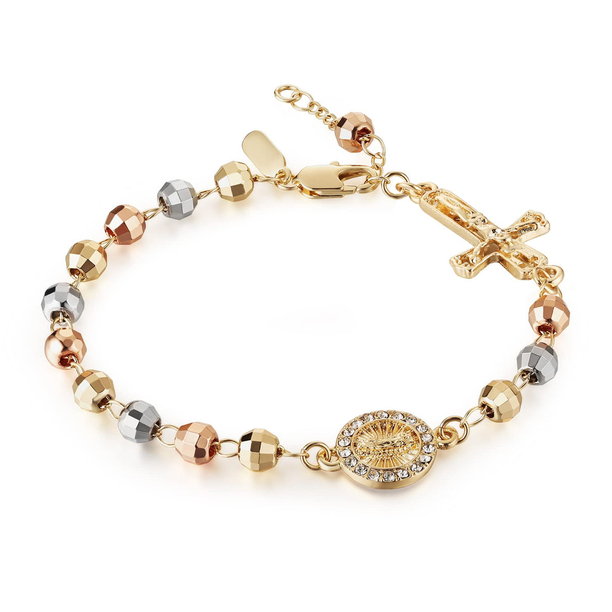 HZMAN Brass Virgin Mary Cross Rosary Bead Bracelet for Women