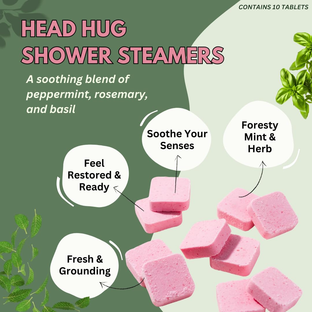 Head Hug Shower Steamers Aromatherapy for Relief - Christmas Gift - Adult Stocking Stuffer - USA Made - Peppermint & Rosemary Shower Bomb Tablets - Soothing Natural Essential Oils (10 Pack)