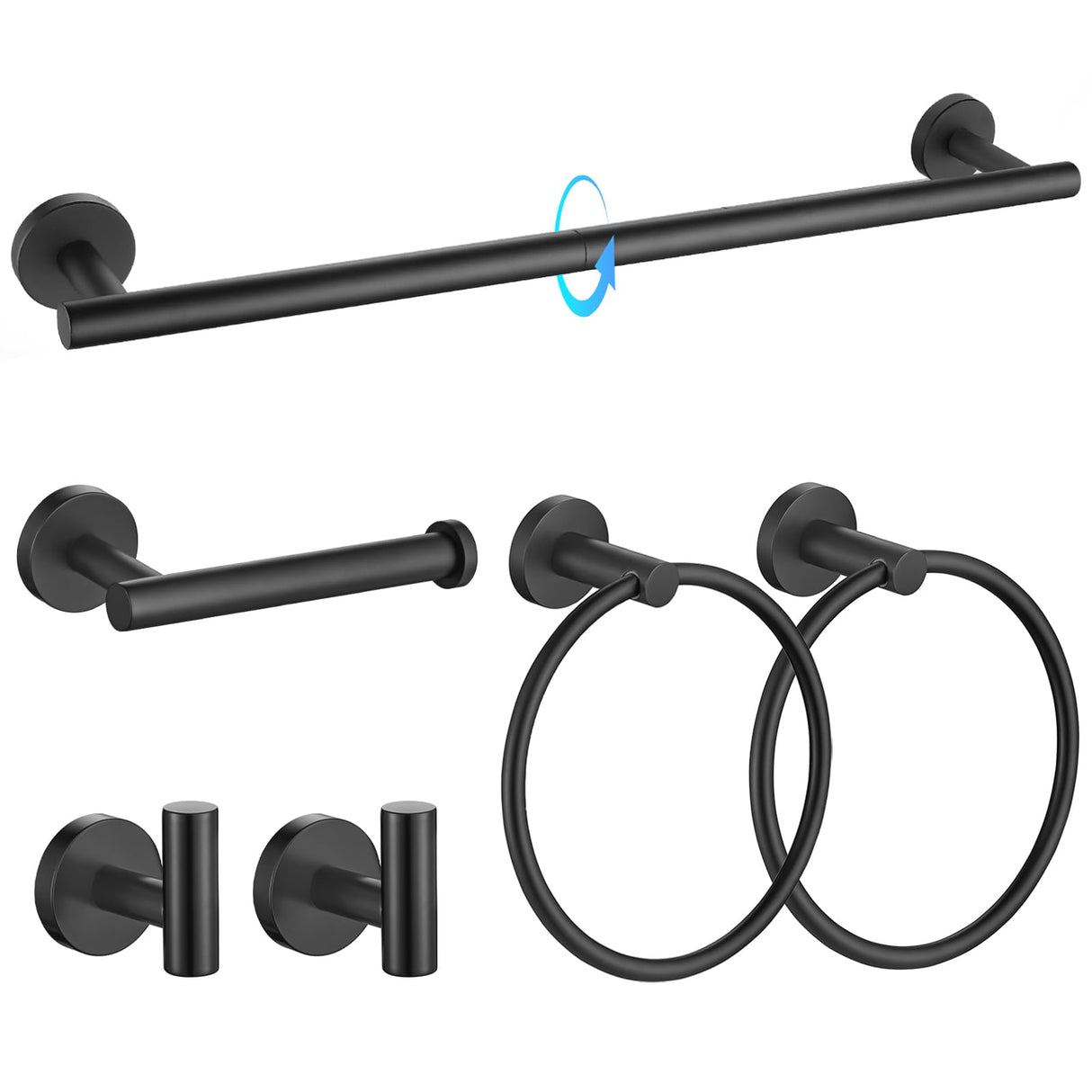 TQKAG Matte Black Bathroom Hardware Set 6-Piece Bathroom Accessory Set 23.6 Inch Round Stainless Steel Towel Bar Set Wall Mounted
