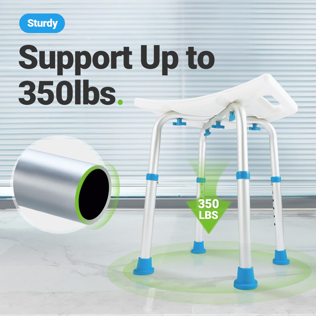 FSA/HSA Eligible Shower Stool 350lbs Bath Seat Chair, Tool-Free Assembly Height Adjustable Bath Bench with Padded Seat for Seniors, Elderly, Disabled, Handicap by Health Line Massage Products