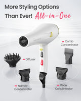 Dekuri Professional Ionic Hair Dryer AC Motor Fast Drying Salon Blow Dryer with Diffuser, Comb, Nozzle, Concentrator, for Curly and Straight Hair, 2 Speed & 3 Heat Setting, Cool Button, White