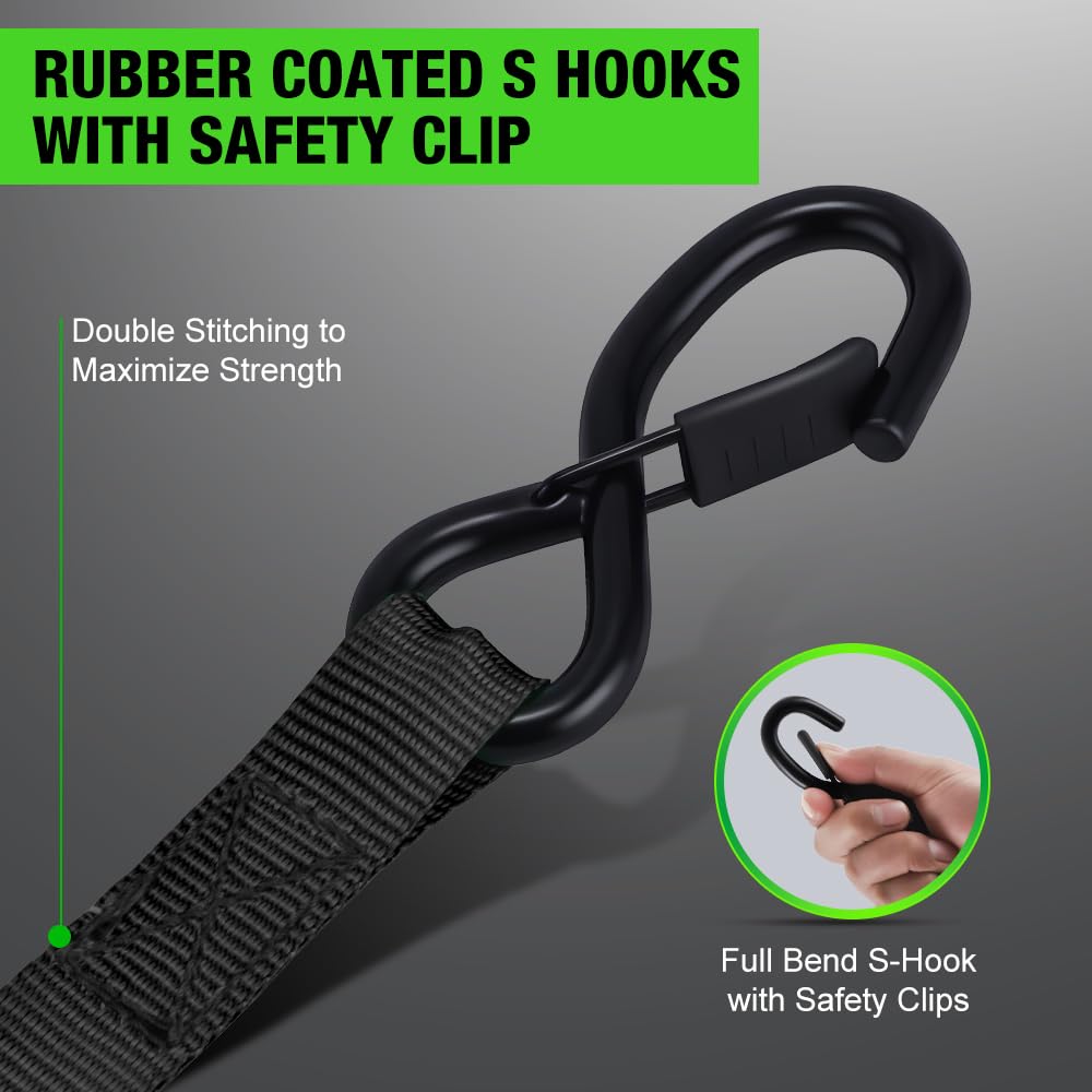 Retractable Ratchet Straps (4-Pack) - 1 Inch x 10 Feet (1,650lb Break Strength) - Heavy Duty Auto Self Retracting Tie Down Straps for Motorcycle, ATV, UTV, Truck, Cargo Trailer - Black