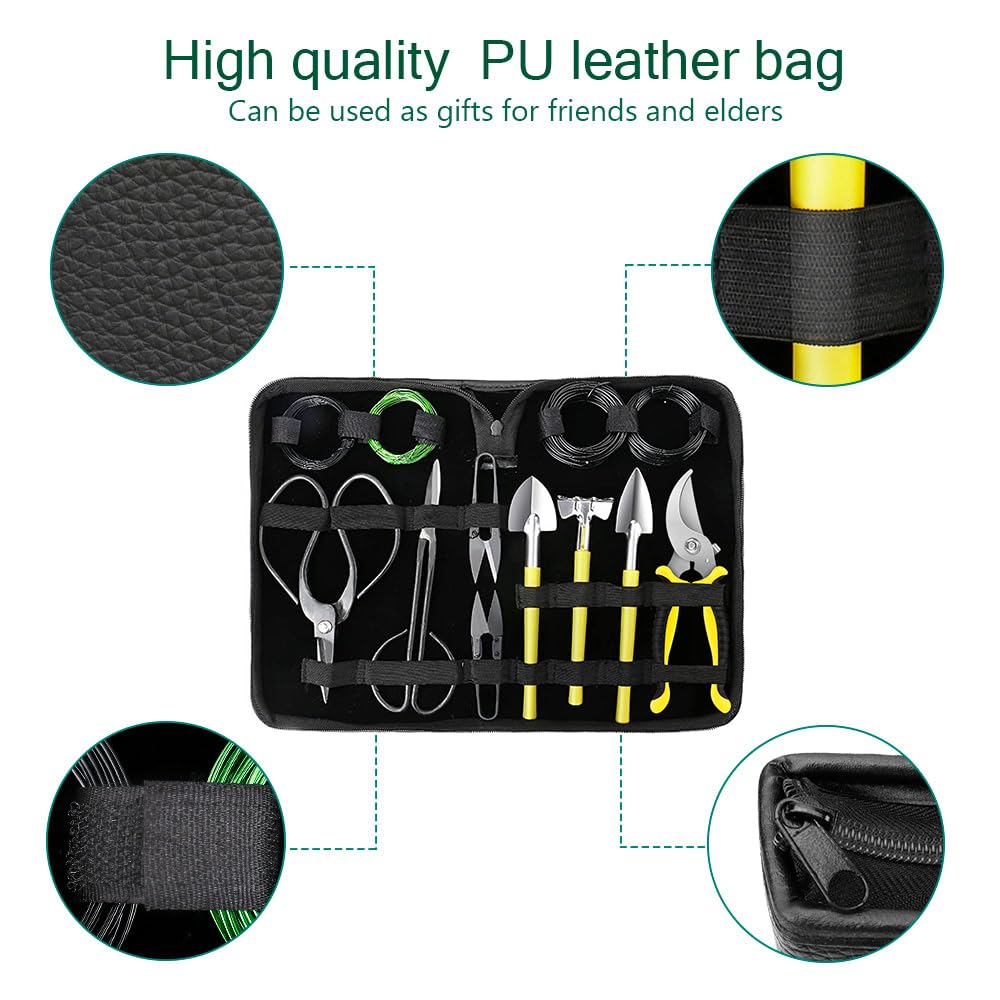 Bonsai Tools Set 13Pcs, Bonsai Essentials with PU Leather Bag, High Carbon Steel Succulent Trimming Kit, for Pruning, Raking, Training Plants, Ideal Gardening Gifts