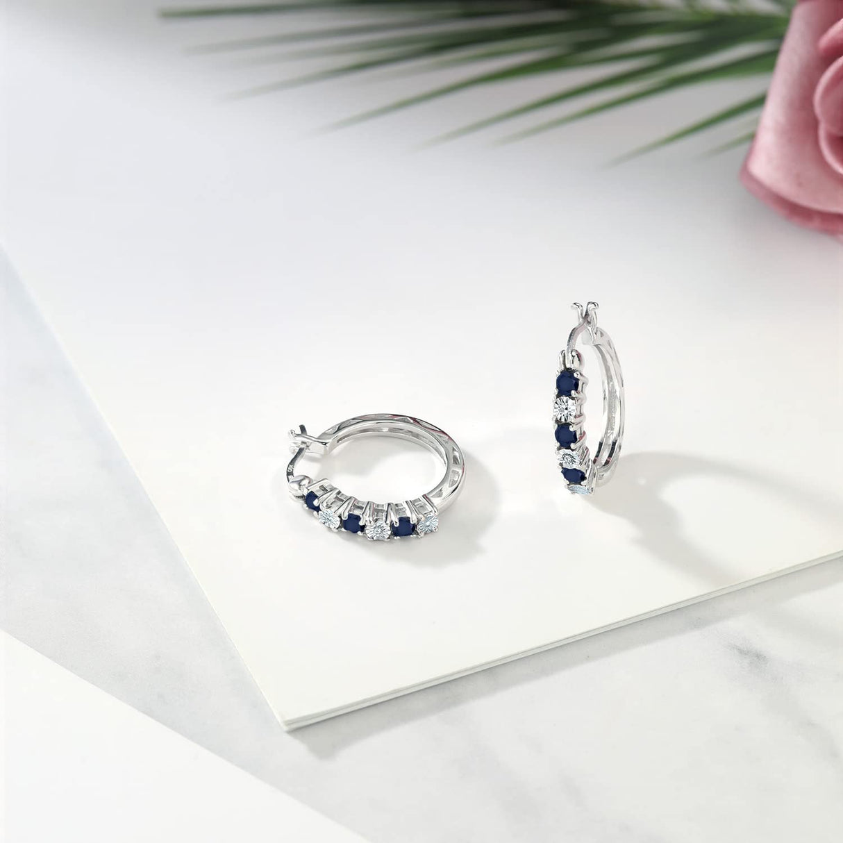 Gem Stone King 925 Silver Blue Sapphire and Lab Grown Diamond Hoop Earrings