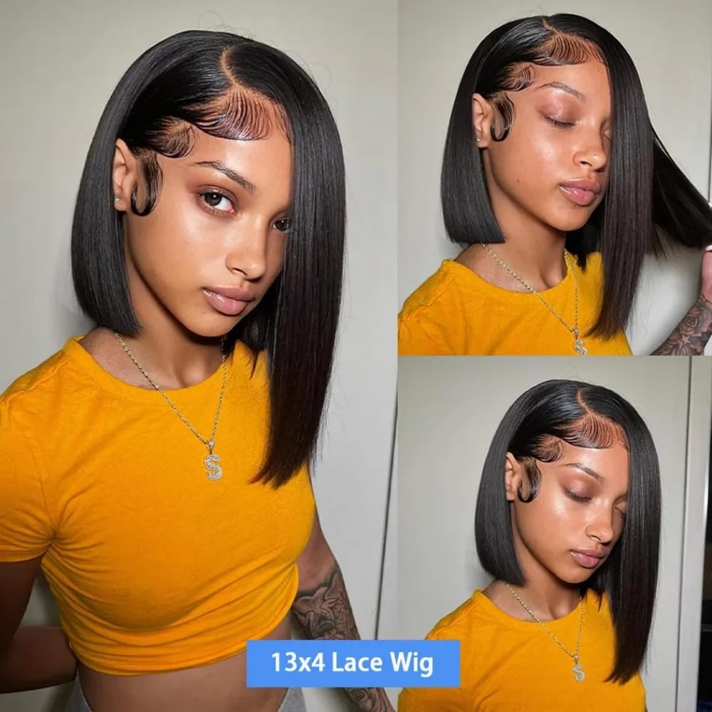 13x4 Lace Front Bob Wigs Human Hair 200 Density HD Transparent Lace Bob Wig for Women 14 inch Short Straight Bob Lace Frontal Wigs Glueless Pre Plucked With Baby Hair Straight Bob Wig Natural Color
