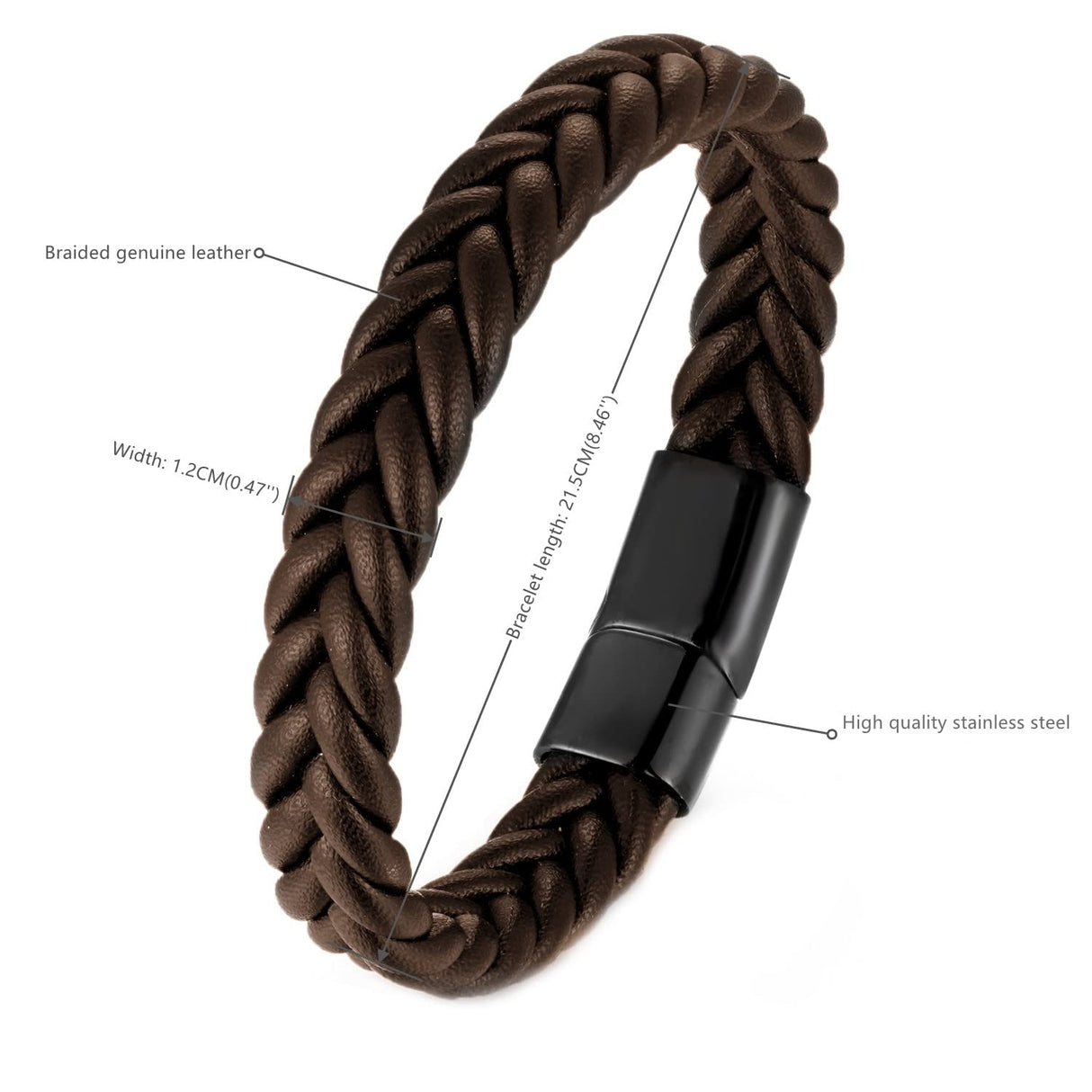 BIYONGDE Handmade Brown Braided Leather Bracelet, Black Stainless Steel Clasp, Mens, Cool Classic Stylish