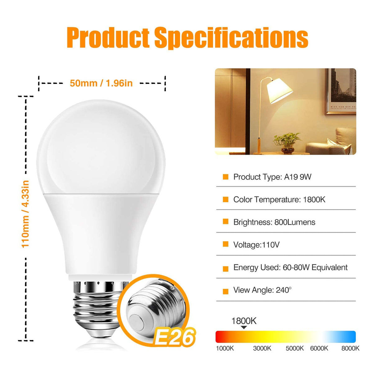 Neporal Amber Sleep Light Bulbs 1800K 4PK, 9W 60 Watt Equivalent, 99.96% Blue Blocking Soft Warm Light Bulbs A19, Amber Night Light E26 for Bedroom and Baby Nursery Light