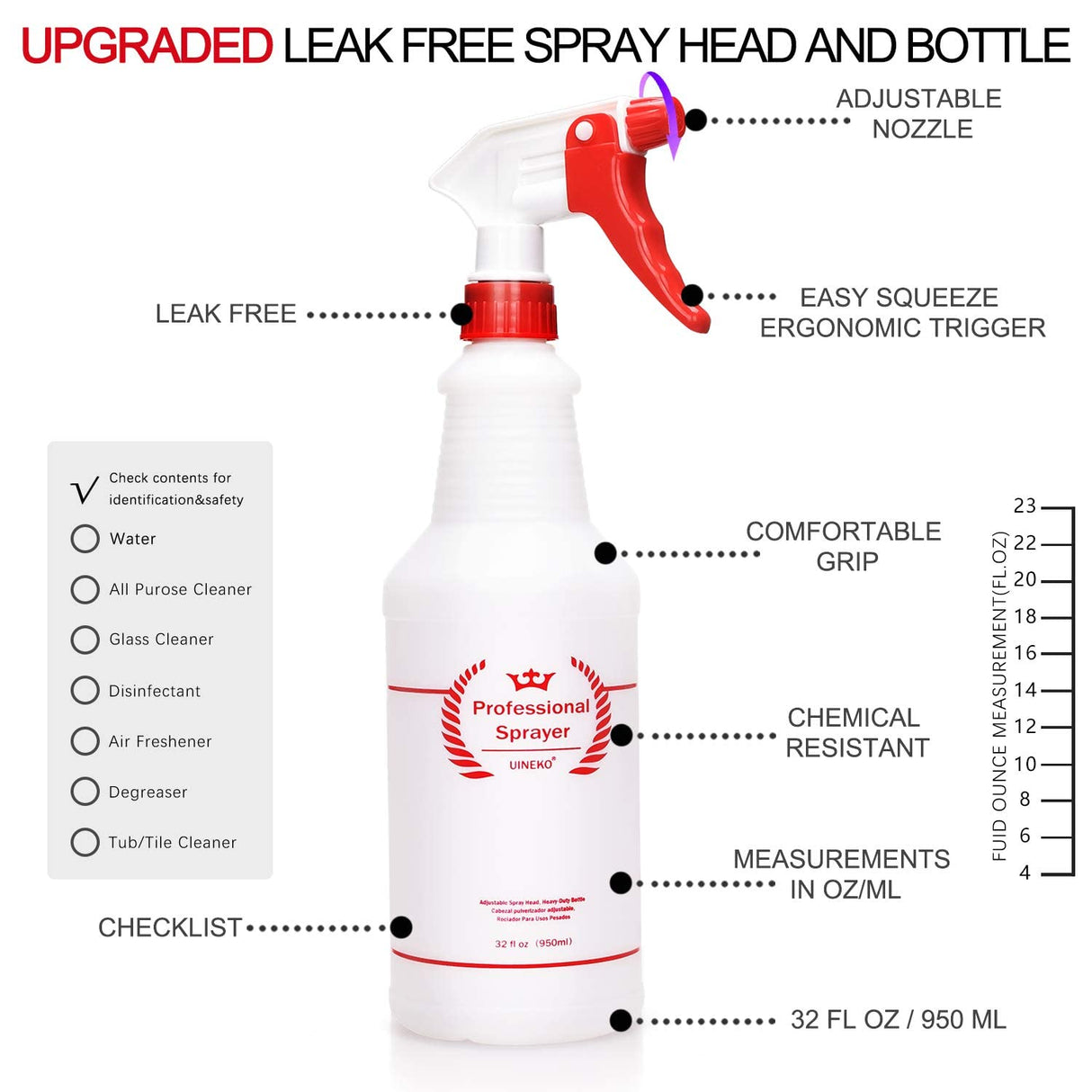 Uineko Plastic Spray Bottle (4 Pack, 32 Oz, All-Purpose) Heavy Duty Spraying Bottles Leak Proof Mist Empty Water Bottle for Cleaning Solution Planting Pet with Adjustable Nozzle and Measurements