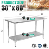 STABLEINK NSF Stainless Steel Table 30 x 60 Inches 5ft Metal Prep & Work Tables with Adjustable Undershelf, for Commercial Kitchen, Restaurant, Hotel, Laundry Room and Garage