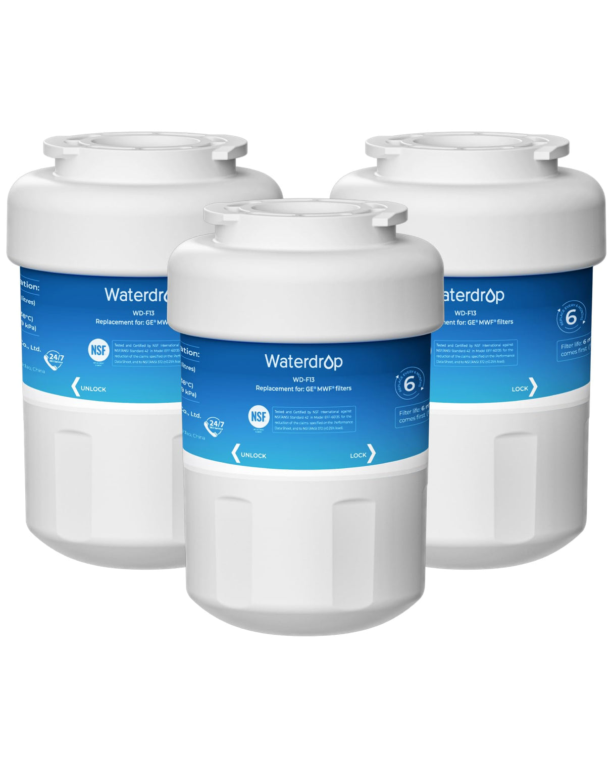 Waterdrop WD-F13 Replacement for GE® MWF®, SmartWater® MWFP, MWFINT, MWFA, GWF, HDX FMG-1, Kenmore® 9991, GSE25GSHECSS, WFC1201 Water Filter, 3 Pack