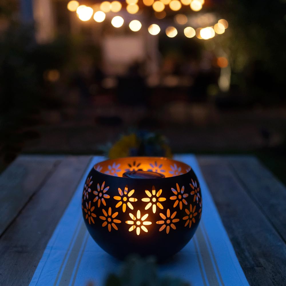 Original Solar Fire Bowl (1-Pack) Outdoor Waterproof Solar Lanterns - Metal Porch Lights with Flickering Flame for Tabletop, Patio, Garden & Landscape Decor (Matte Black)