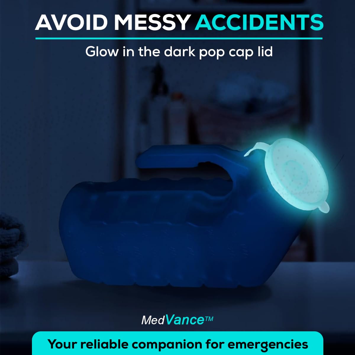 MedVance- Urinals for Men 1000ml with Glow in The Dark Spill Proof Pop Cap Lid, Plastic Pee Bottles for Men, Male Urinals, Pee Container Men, Portable Urinal for Car, Elderly & Incontinence (8 Pack)