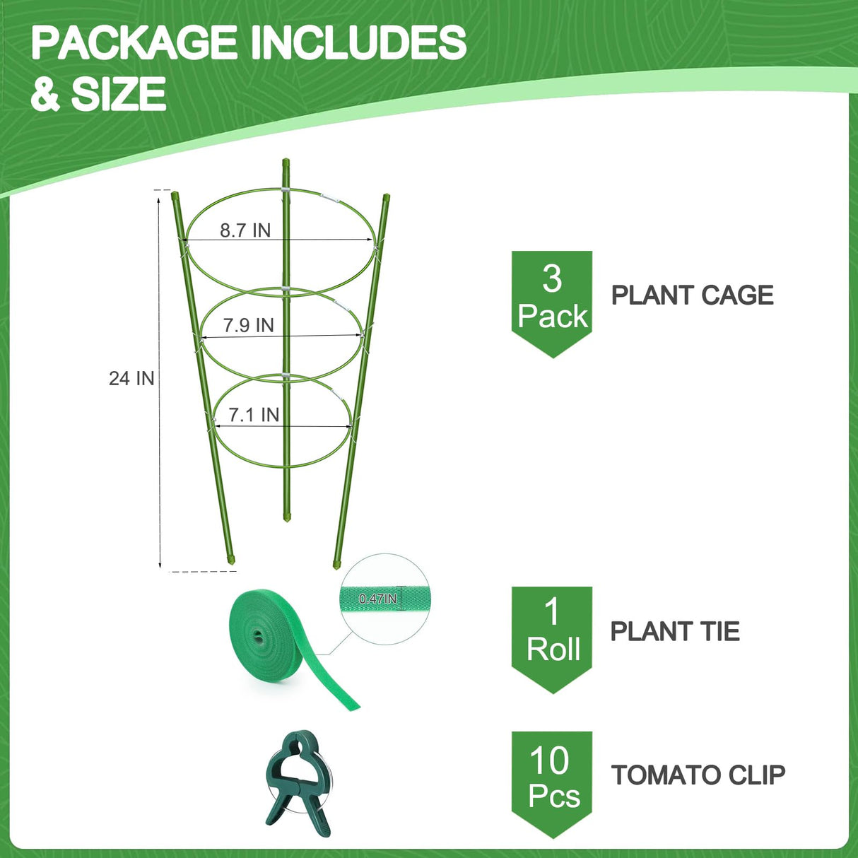 KLS 3 Pack Tomato Cage for Pots Plant Support, Upgrade 24 Inches Tomato Cages for Garden, Pepper Cage Trellis Kit with Plant Tie and Clips (24")