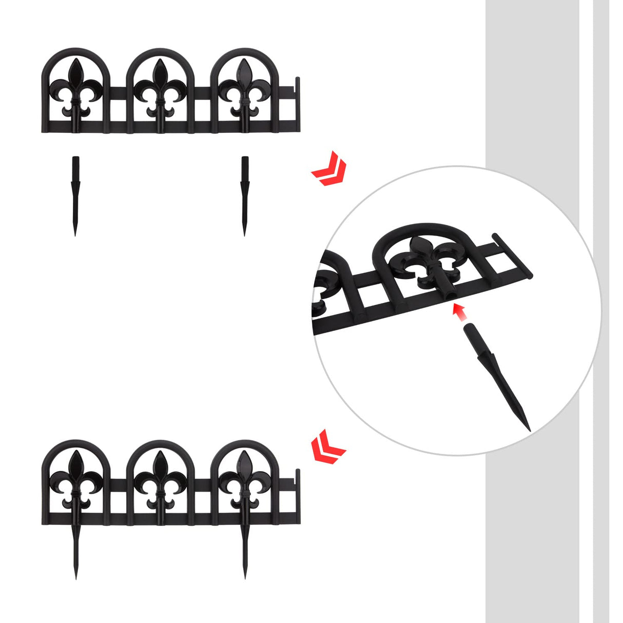 Evelyne Black Garden Border Plastic Edging – PP Plastic, Metal-Free Wrought Iron Look Design, 15pcs Black Yard Landscaping Fence Liner Lawn Edge Barrier, 20ft Kit of Decorative Lawn Landscape Panels