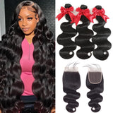 12A Human Hair Bundles with Closure 16 18 20 with 14 Inch Brazilian Body Wave Bundles Human Hair with Closure 100% Unprocessed Virgin Human Hair Weave 3 Bundles Deals with 4x4 HD Lace Closure