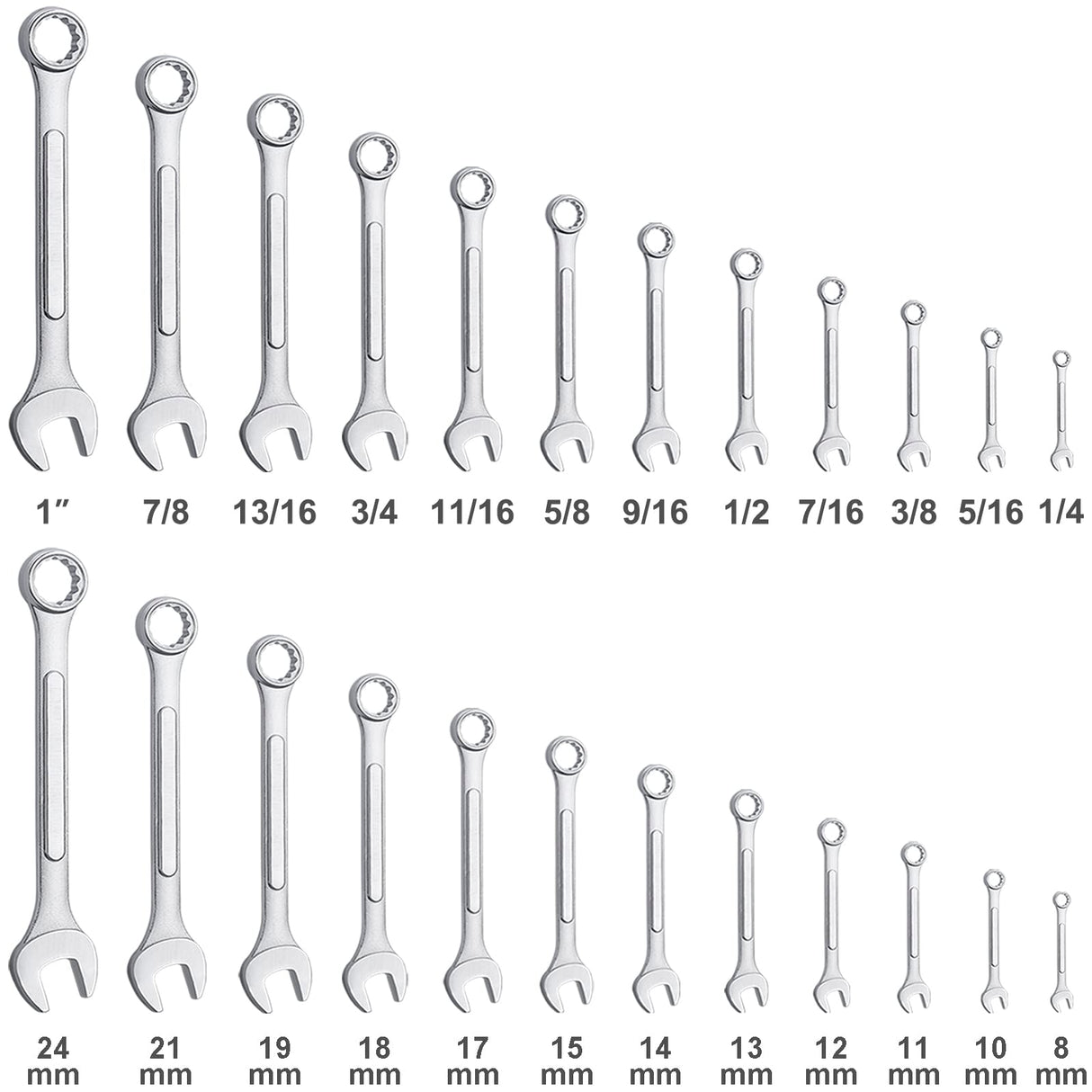 24-Piece All-Purpose Master Combination Wrench Set with Roll-up Pouch | SAE 1/4” to 1”, Metric 8mm to 24mm | Perfect for General Household, Garage, Auto Repairs, Car, Truck, Boat, and Travel Emergency