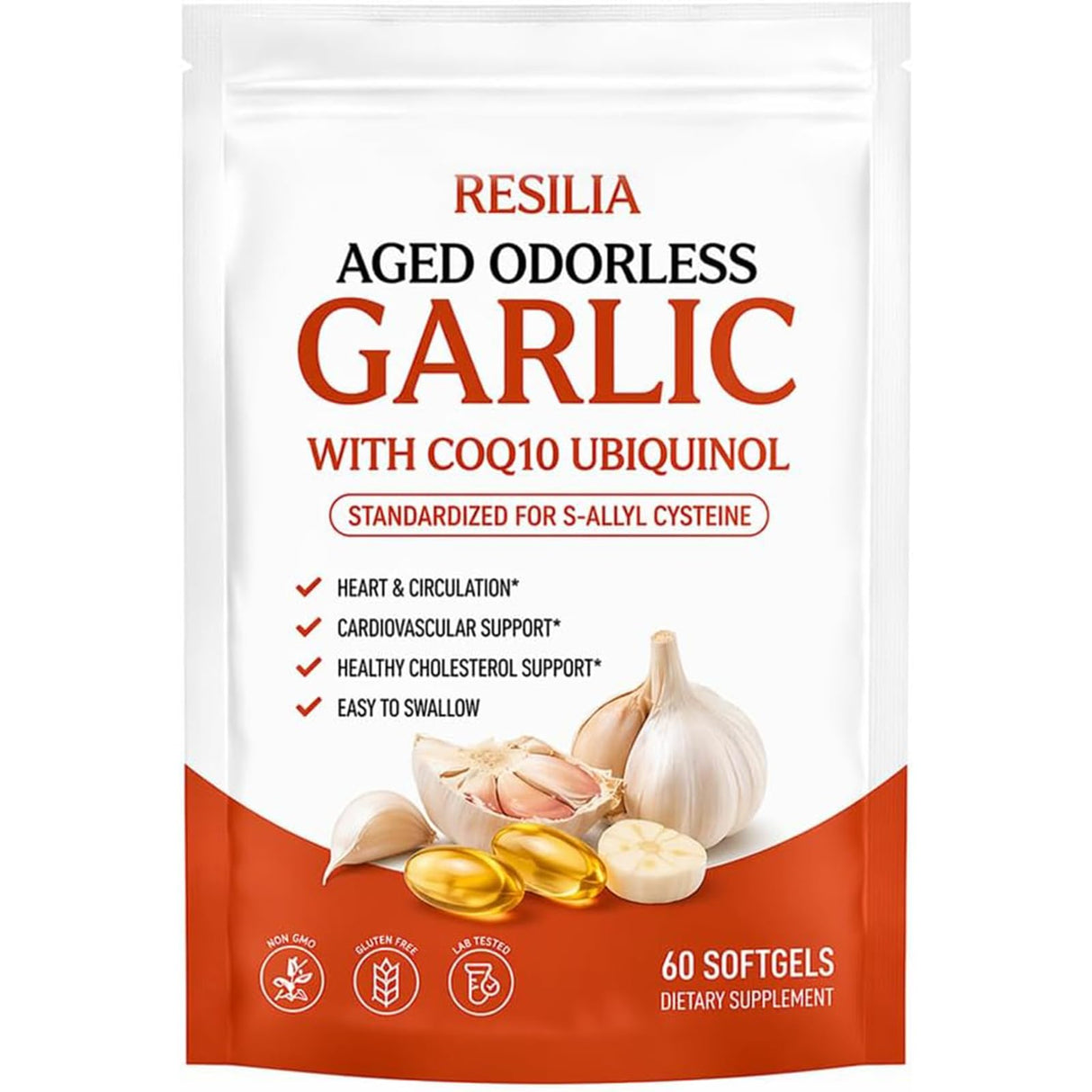 MiloLabCo Resilia Aged Garlic Extract Softgels with CoQ10 Ubiquinol, Odorless 2-Year Matured Garlic Supplement, Non-GMO, 60 Softgels