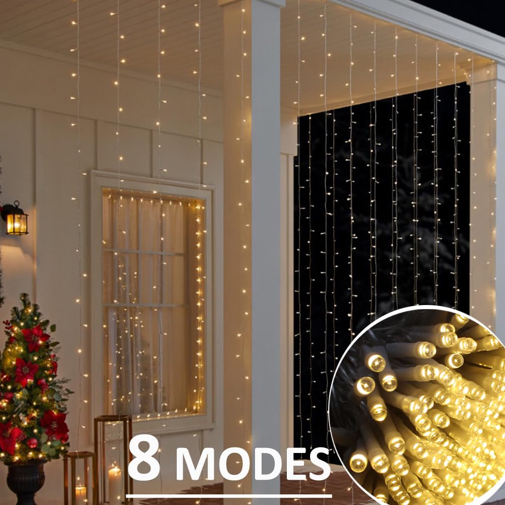 Solhice LED Curtain Lights Outdoor 20ft x10ft, 600 LED Plug in Hanging Christmas String Lights Indoor Bedroom, Twinkle Light Backdrop for Outside Wedding Decor, Warm White (Not Connectable)