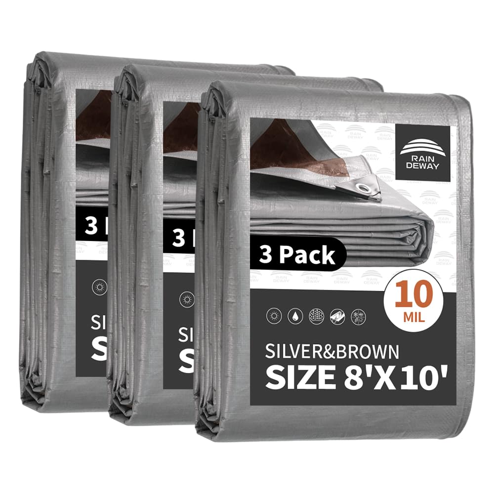 RAINDEWAY 8x10 Feet (3 Pack) Tarps Heavy Duty Waterproof,10Mil Thick Multipurpose Poly Tarp Cover with Metal Grommets and Reinforced Edges,Silver/Brown Tarp