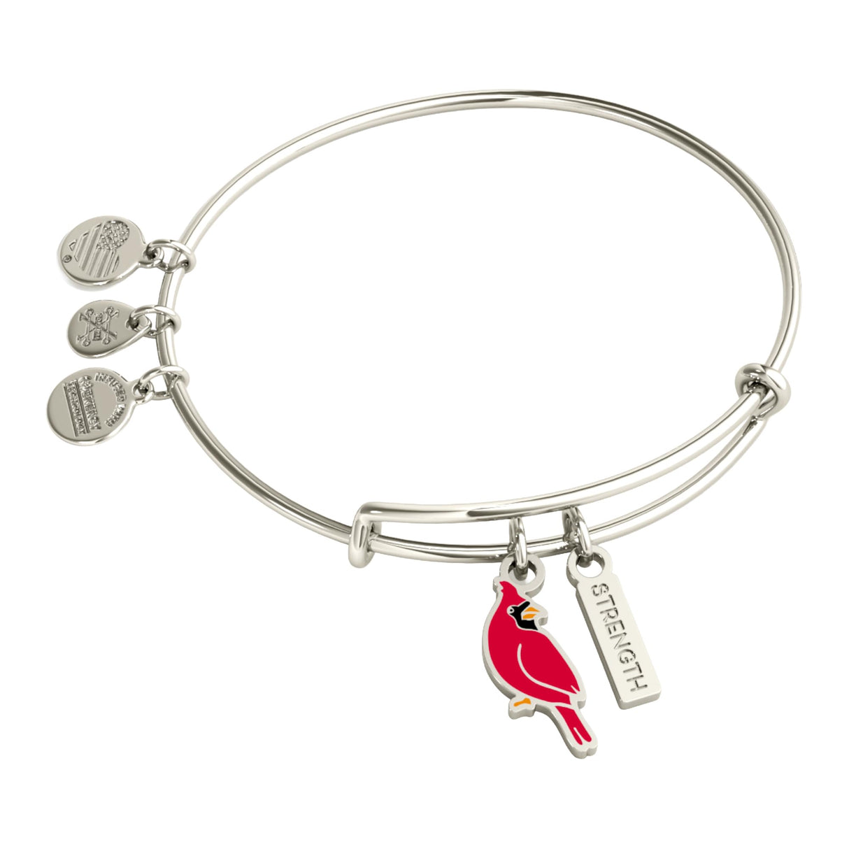 ALEX AND ANI 'Strength' Cardinal Duo Charm Bangle Bracelet - Red Cardinal Charm, Inspirational 'Strength' Accent, Nickel-Free, Cardinal Jewelry for Women (Shiny Silver)
