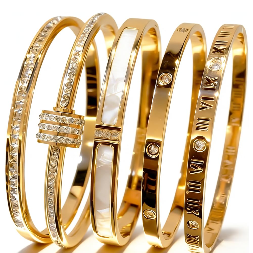 CERULEAN 5-Piece Elegant Stainless Steel Bracelet Set, Fashionable Classic Design, Stainless Steel 5 Piece Bracelet Set, Non Tarnish Bangle, Elegant Bracelets Sets for Everyday and Formal Wear (Gold)