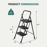 Smug Step Ladder, 3 Step Stool Foldable with Anti-Slip Pedal & Comfortable Handrail, 800lbs Capacity Sturdy Steel Ladder, Protable Heavy Duty Step Stool for Kitchen, Garage & Outdoor Use, Black