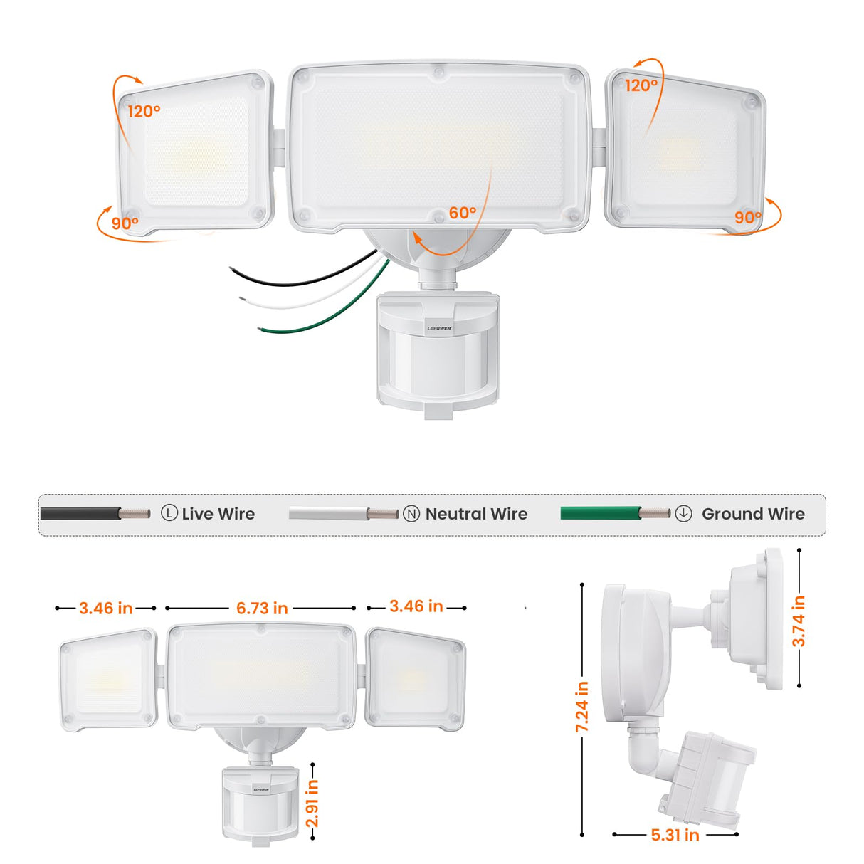 LEPOWER LED Security Lights Motion Sensor Light Outdoor, 38W 4200LM Light, 5500K, IP65 Waterproof, 3 Head Detected Flood Light for Garage, Yard, Porch (White)
