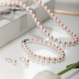 AOOVOO Pink Pearl Necklace Set for Women, 8mm Round Shell Pearl Includes Stunning Bracelet and Dangle Earrings 3 Piece Jewelry, Birthday Wedding Gifts for Her