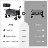 EVER ADVANCED Collapsible Push & Pull Shopping Cart with Wheels & Brakes, Foldable Wagon for Groceries with Practical Basket, Side Pockets & Cup Holders, Beach Utility Rolling Cart for Camping, Grey