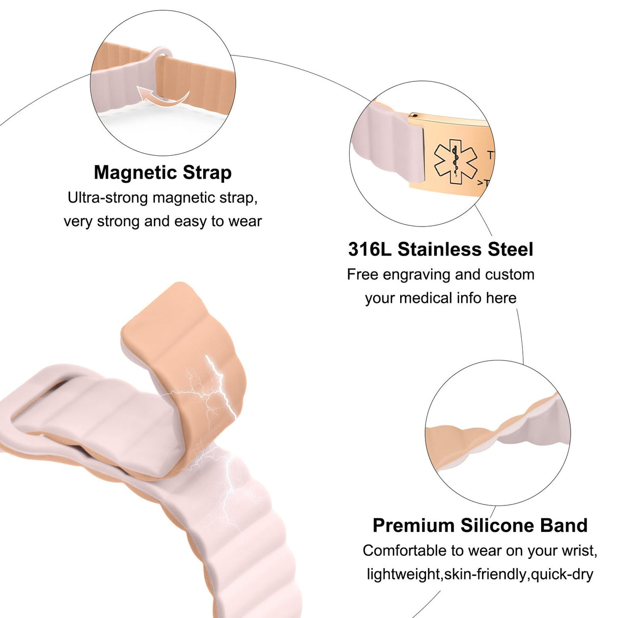 YOUNIFLARE Personalized Medical Alert Bracelet, Pink/Beige - Rose Gold