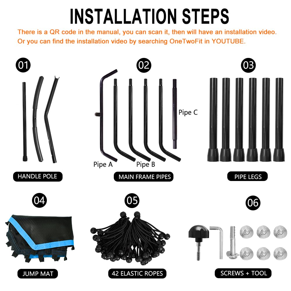 ONETWOFIT 48" Silent Mini Trampoline with Adjustable Handle Bar Fitness Trampoline Bungee Rebounder Jumping Cardio Trainer Workout for Adults Blue