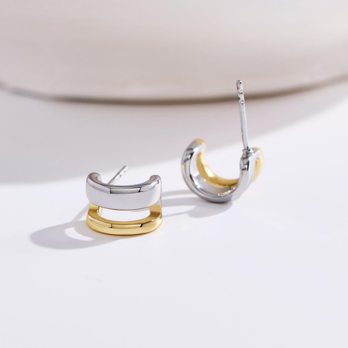 NOKMIT Two Tone Huggie Hoop Earrings for Women, Dainty 14K Gold and Silver Mixed Metal C Shaped Hoops, Small Multi Statement Geometric Earrings, Plain High Polish Non Tarnish Jewelry Gifts