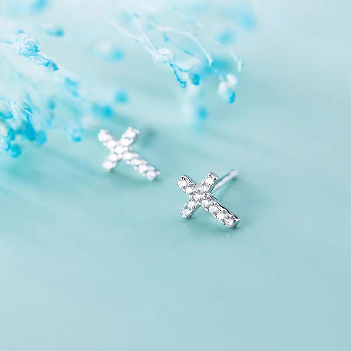 14K Hypoallergenic White Gold Plated Small Cross Silver Stud Earrings