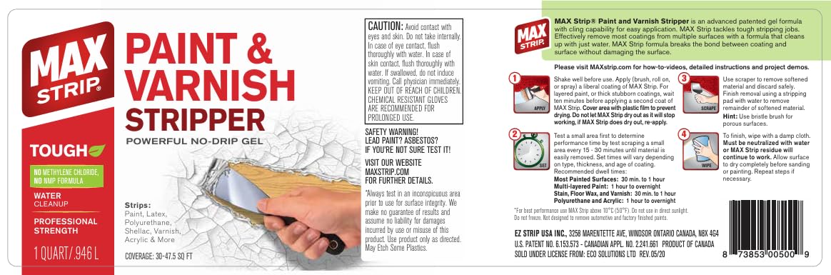 Max Strip Paint & Varnish Stripper 32oz - Paint Stripper for Multiple Layers of Acrylic, Latex, Oil & Water-Based Paints, varnishes. for Wood, Metal, Masonry, Plaster, Tile, molding.
