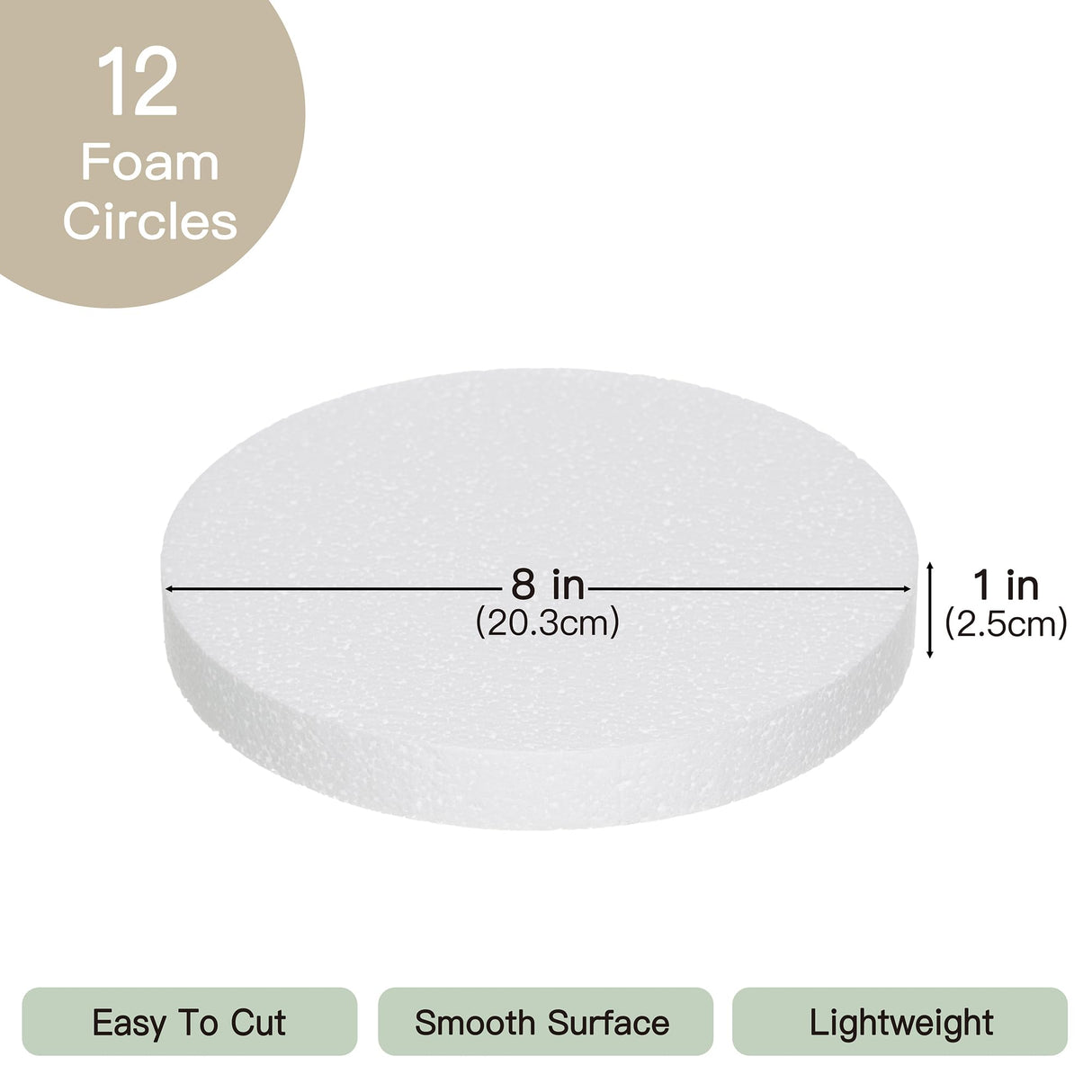 Crafare 8 Inch Foam Circles for Crafts 12pcs Round Foam Discs 1 Inch Thick for Cake DIY Projects Wedding Holiday Christmas Crafts Making and School Modeling