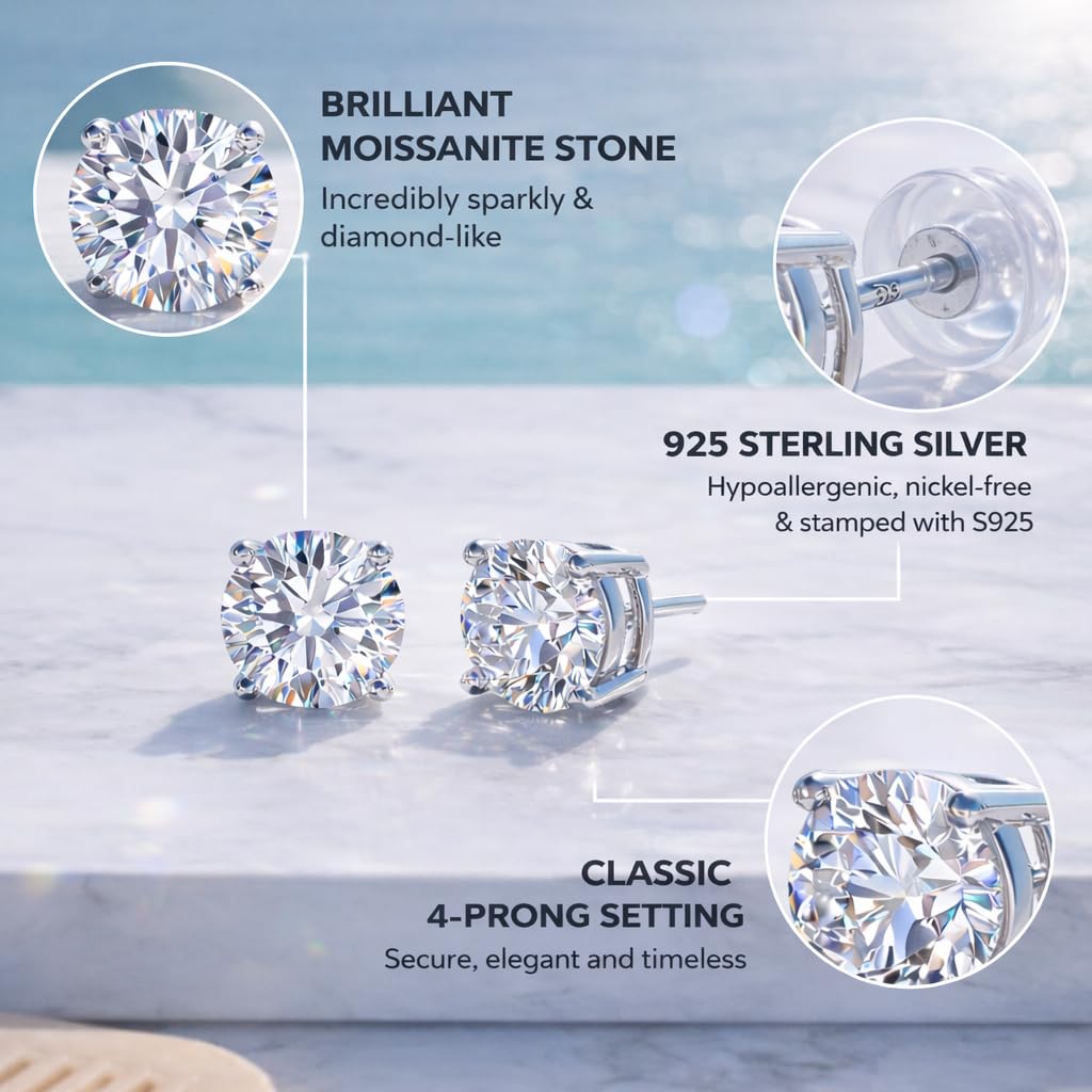 Moissannite Stud Earrings for Men and Women 1-4 CTTW 925 Sterling Silver, Round Brilliant Diamond Alternative, Lightweight Unisex Earrings with GRA Certification
