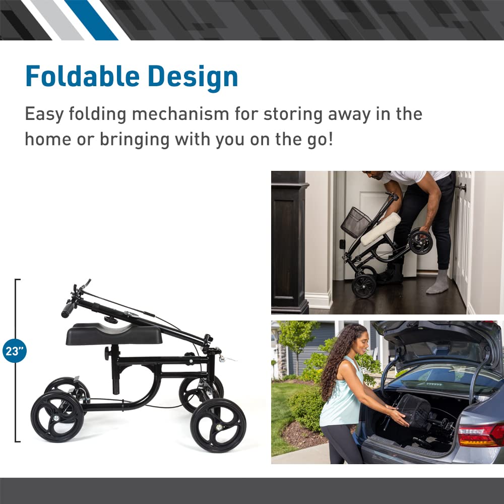 BodyMed Knee Walker for Injuries with Dual Brakes, Metal Basket & Knee Pad Cover - Collapsible and Adjustable Scooter, Broken Leg Caddy, Better Alternative to Crutches