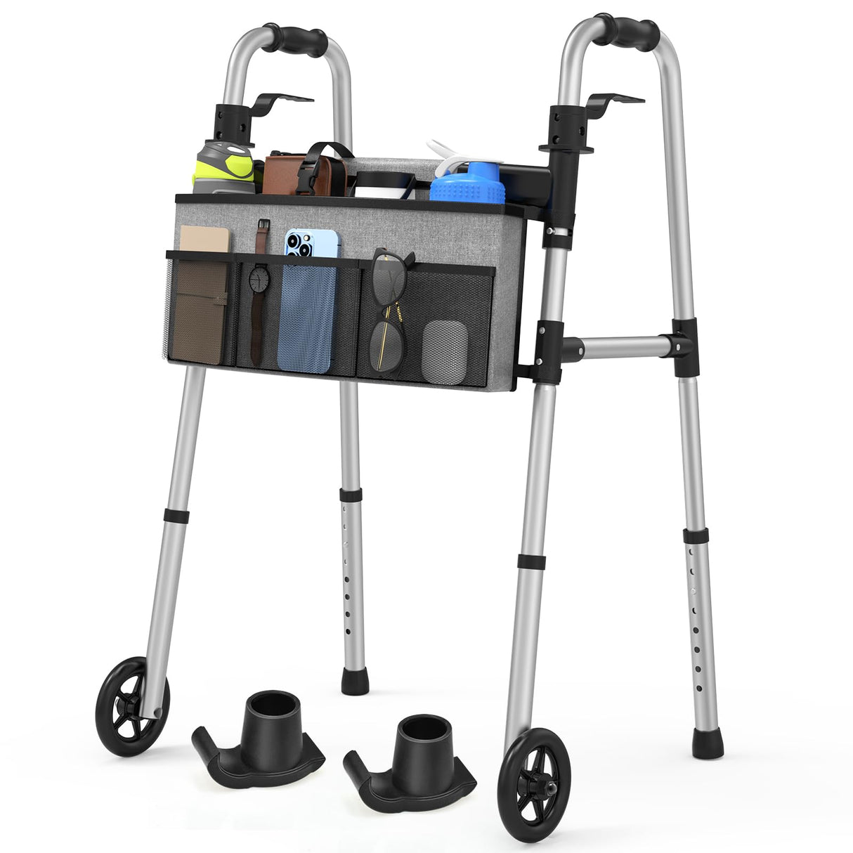 FSA/HSA Eligible Folding Walker with Large Basket and 2 Glide Skis, 5" Wheels Lightweight Walkers for Seniors and Adults, Supports Up to 350 Pounds, Adjustable Height, Compact Standard Walker