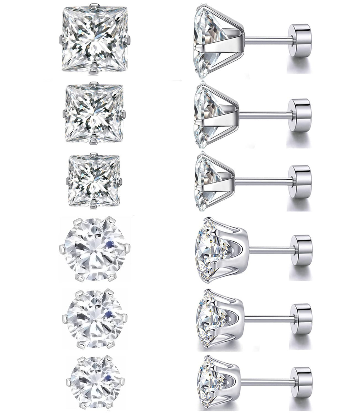 6 Pairs Screw Back Titanium Surgical Stainless Steel Round Square Princess Cut CZ Earrings For Women Men Hypoallergenic Cubic Zirconia Earrings (White Gold Plated)