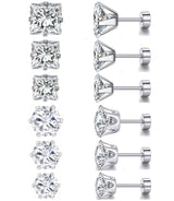 6 Pairs Screw Back Titanium Surgical Stainless Steel Round Square Princess Cut CZ Earrings For Women Men Hypoallergenic Cubic Zirconia Earrings (White Gold Plated)
