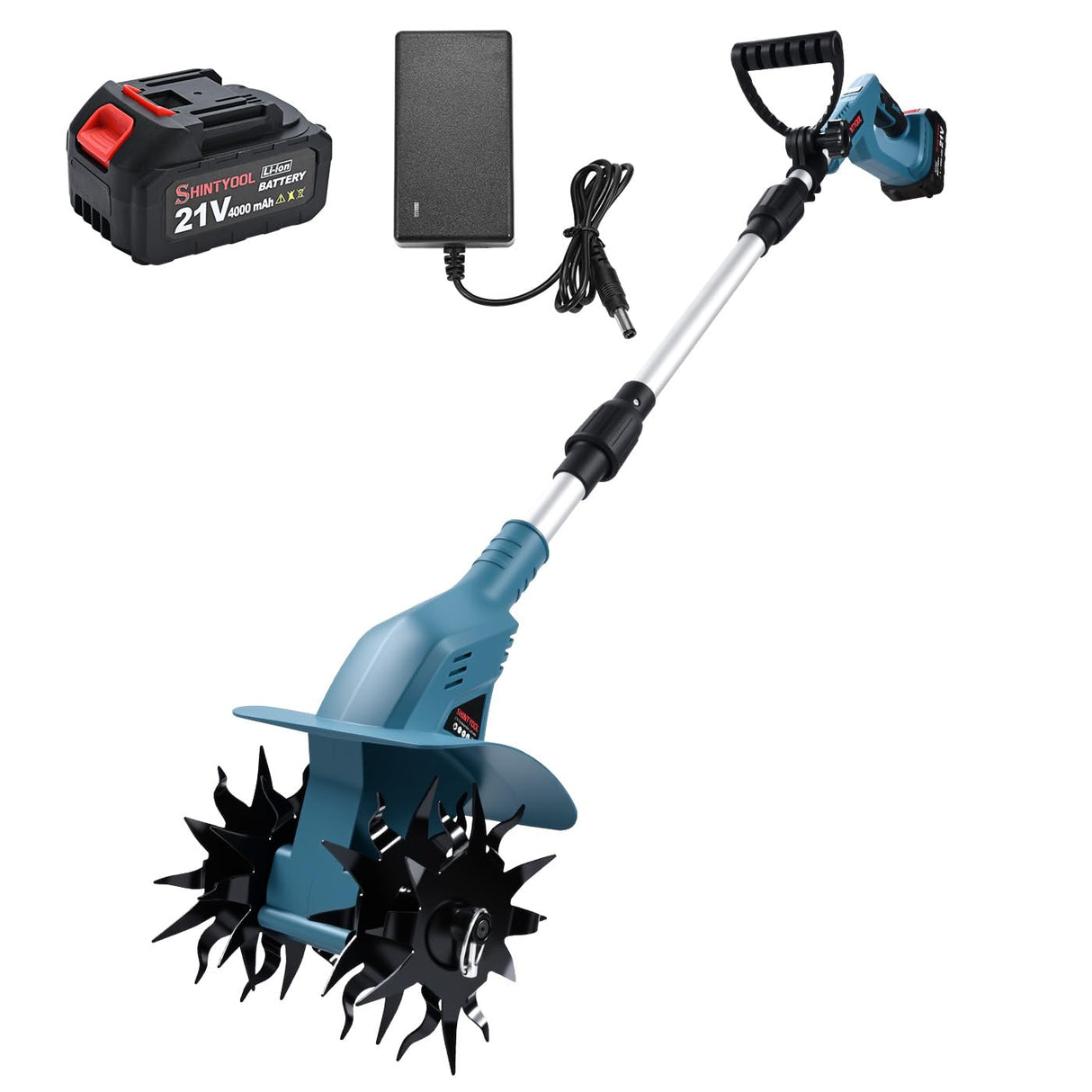 SHINTYOOL 21v Cordless Tiller Cultivator with 4.0 Ah Battery and Charger