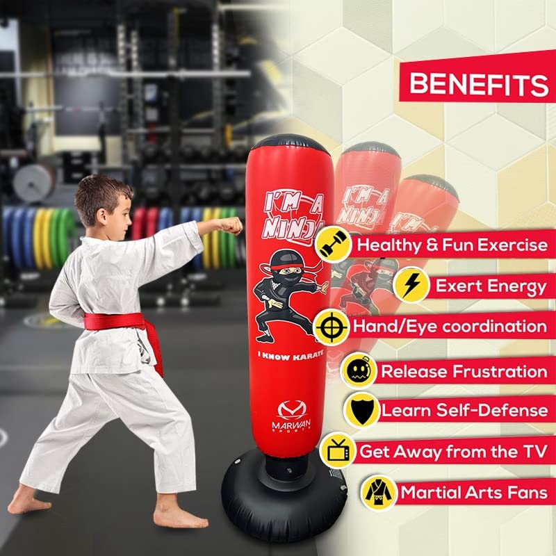 Marwan Sports Kids Punching Bag Toy Set, Inflatable Boxing Bag Toy for Boys Age 3-12, Ninja Toys for Boys, Christmas,Birthday Gifts for Kids 4,5,6,7,8,9,10 Years Old (Red Ninja)