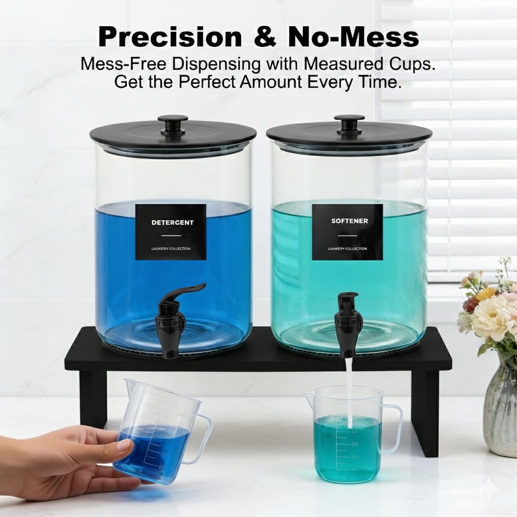 Glass Laundry Detergent Dispenser for Laundry Room Organization, 1 Gallon Large Liquid Soap Dispenser with Black Metal Lid & Leak-Proof Spigot, 2 Measured Cups, 2 Silicone Mats & 9 Labels (2, Black)