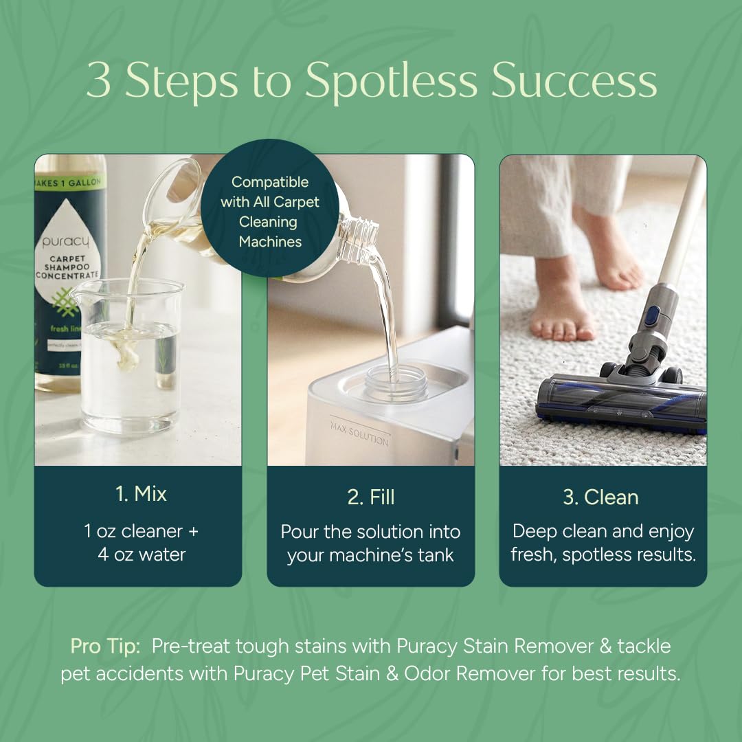 Puracy Carpet Cleaner Solution - Carpet Shampoo, Pet Stain & Odor Remover, Rug & Upholstery Cleaner, 4X Concentrated, Low Foam Shampooer Formula, Fresh Citrus, 25oz