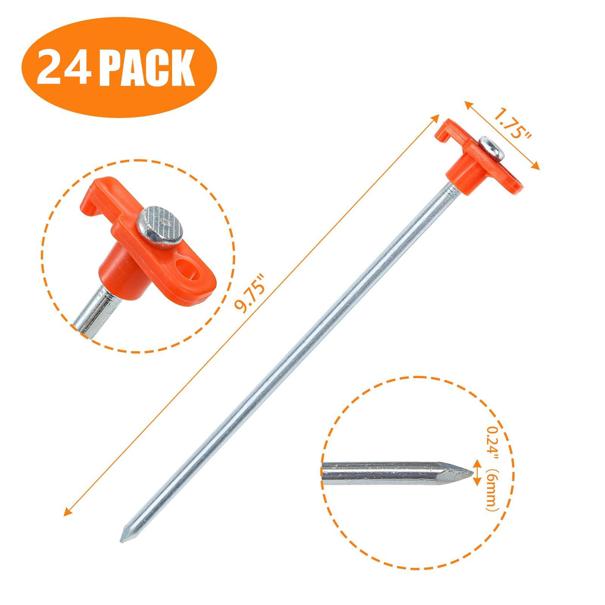 Yesland 24 Pack Tent Stake Heavy Duty, 10 Inch Non-Rust Metal Tent Pegs Ground Yard Stake Tent Spikes for Camping Patio, Garden, Canopies, Grassland, Outdoor, Hiking, Orange